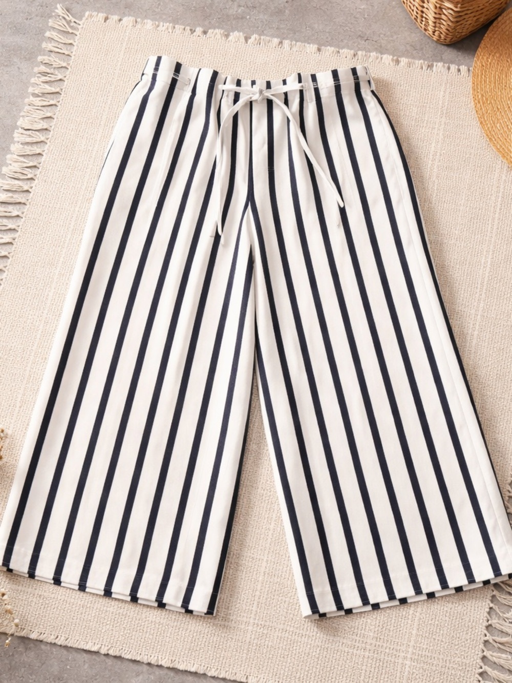 Striped Wide-Leg Drawstring Pants - White & Black